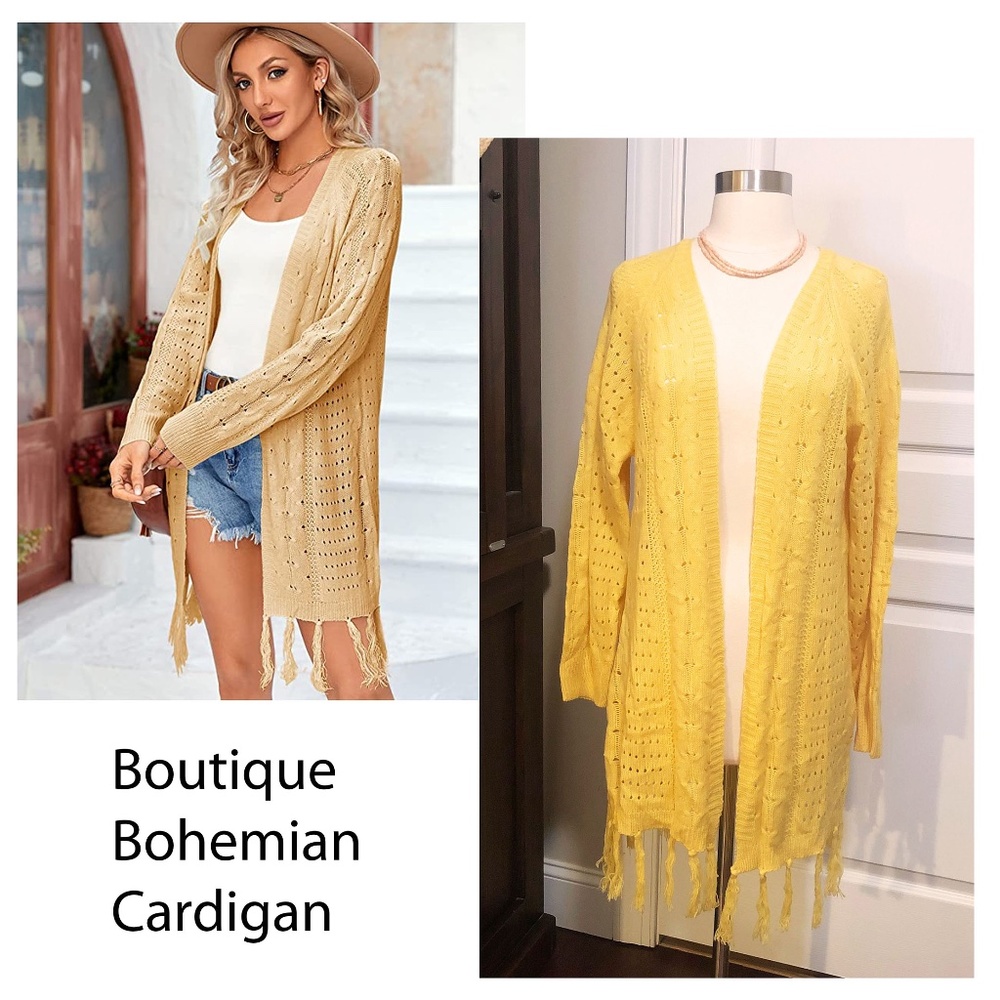 New! Womans Bohemian Knit Cardigan Gold Crochet Tassel Long Sleeve Loose Sweater